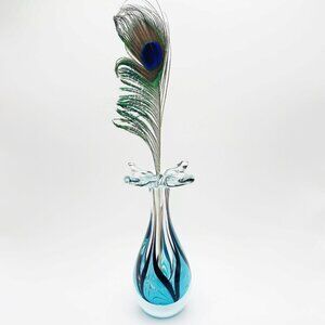 Vintage OBG Ornamental Blown Glass Turquoise & Black Blue Bud Vase